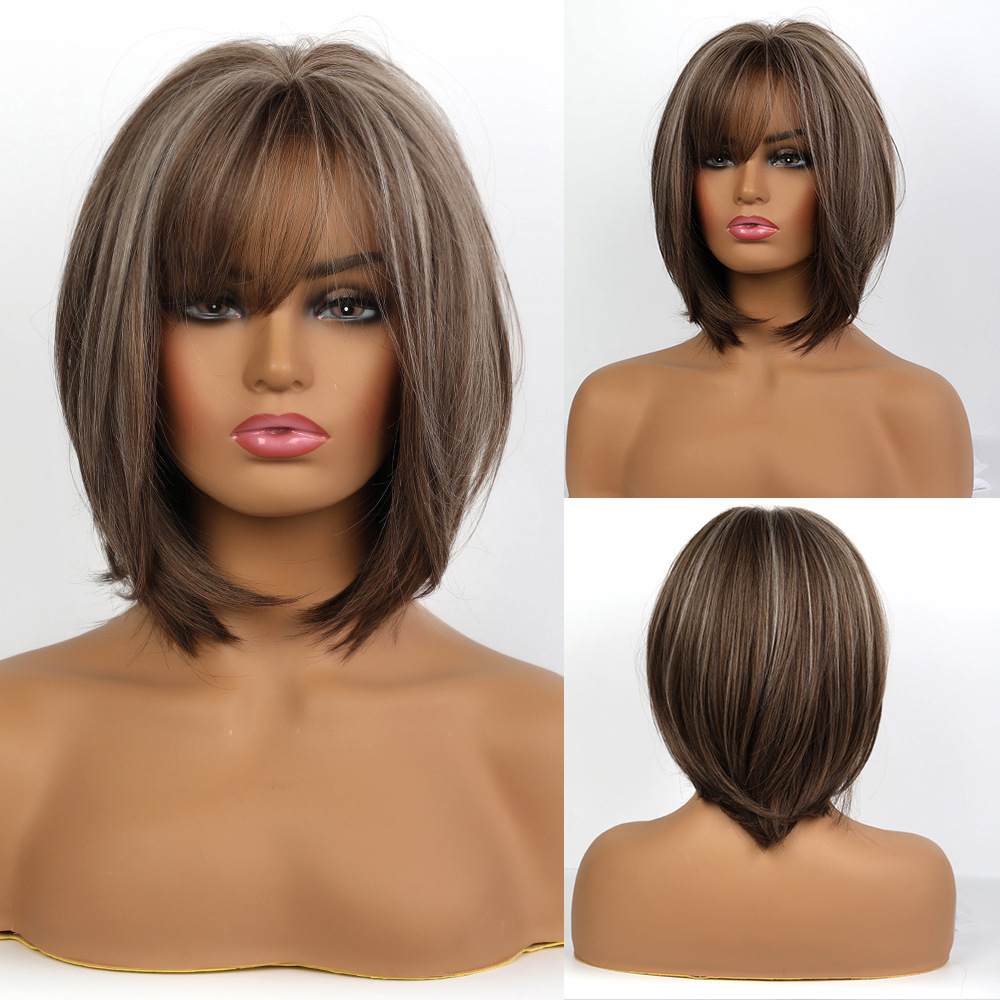 Brown with Blonde Highlights Bob Wig with Bangs Synthetic Hair O1CN015lFO5r1MJCOMCT4bT 3192521413 0 Cib