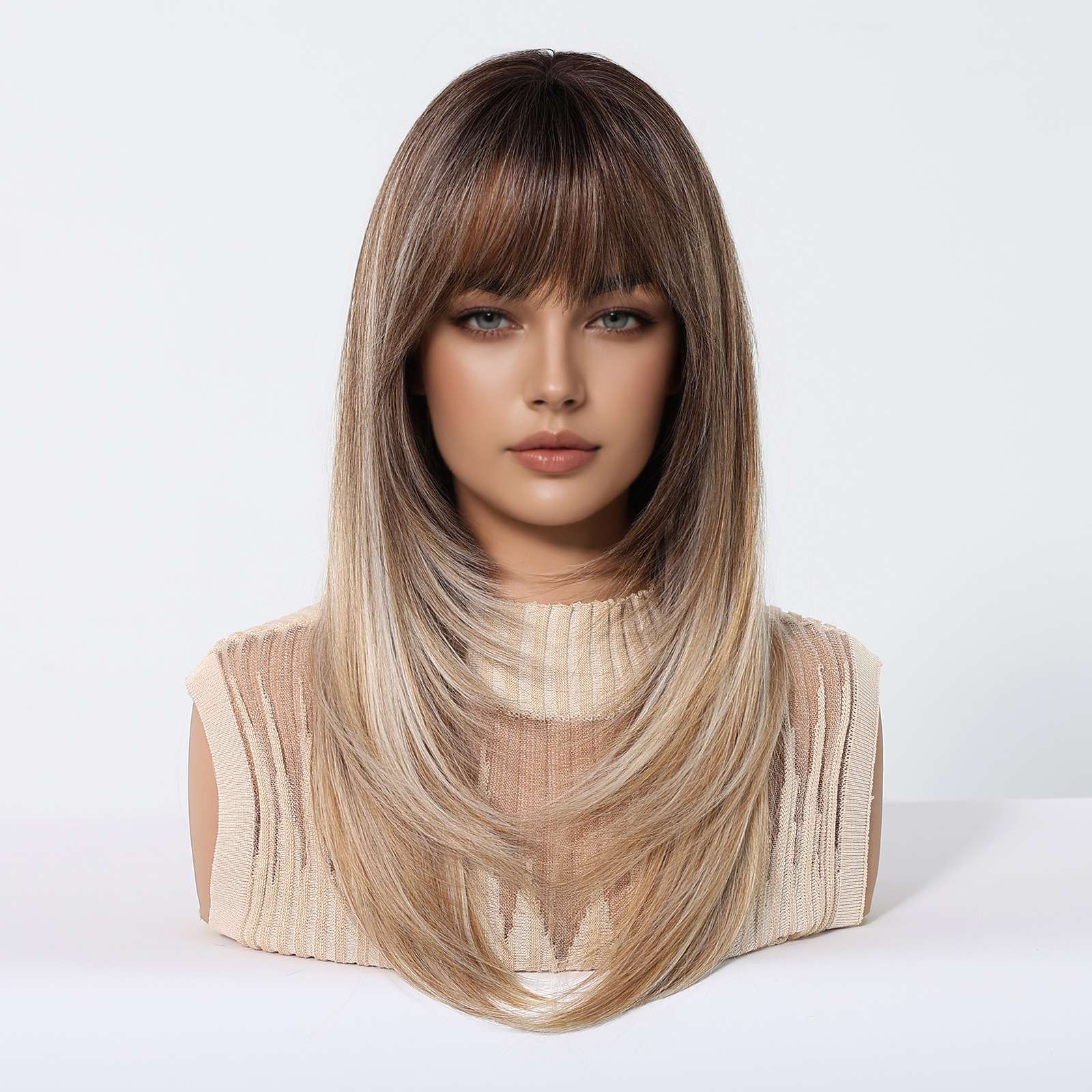 Balayage Brown Blonde Straight Wig with Fringe Layered Design O1CN01VeRsDN1MJCl7ES3VN 3192521413 0 Cib