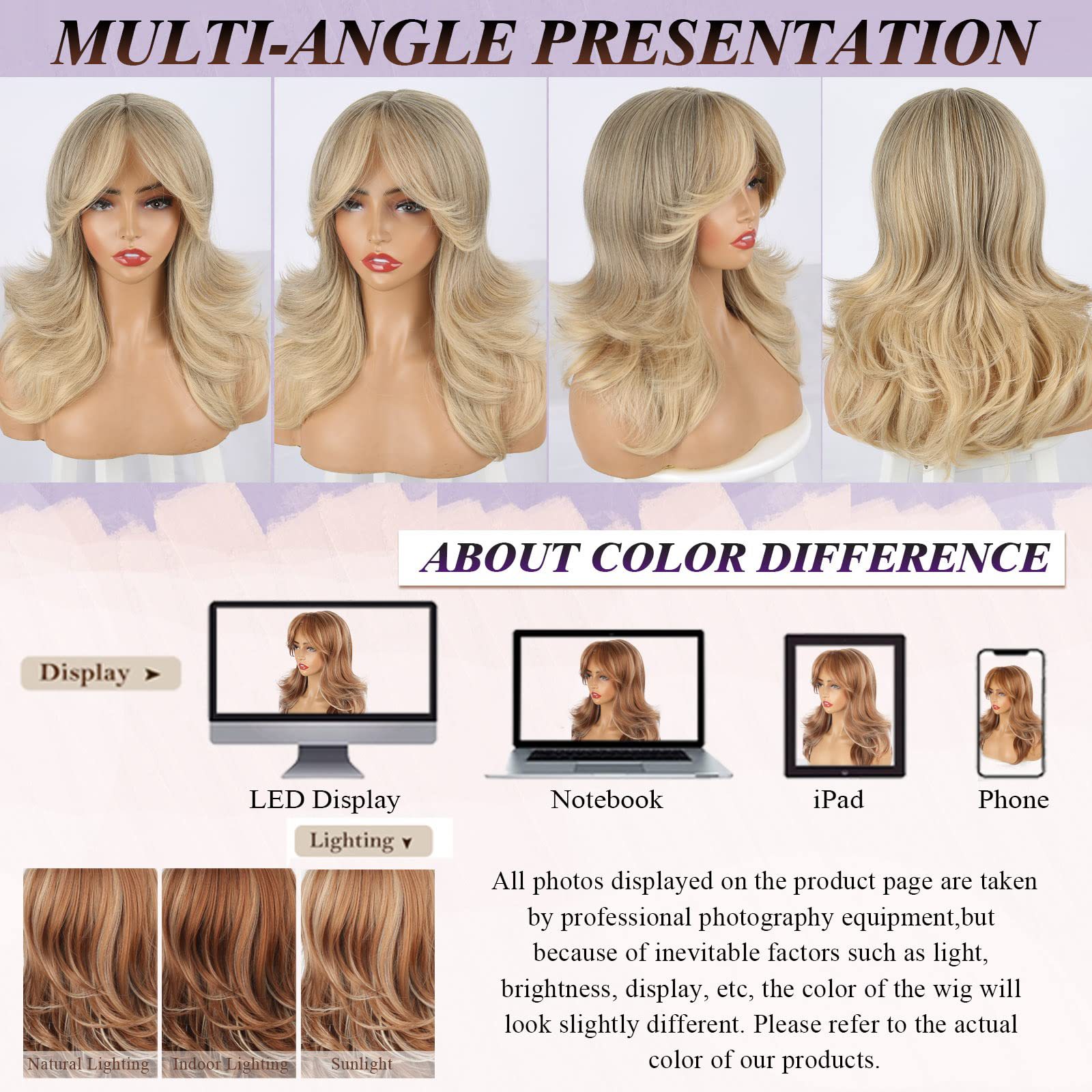 Honey Blonde Highlight Layered Medium Wavy Wig Synthetic Hair undefined