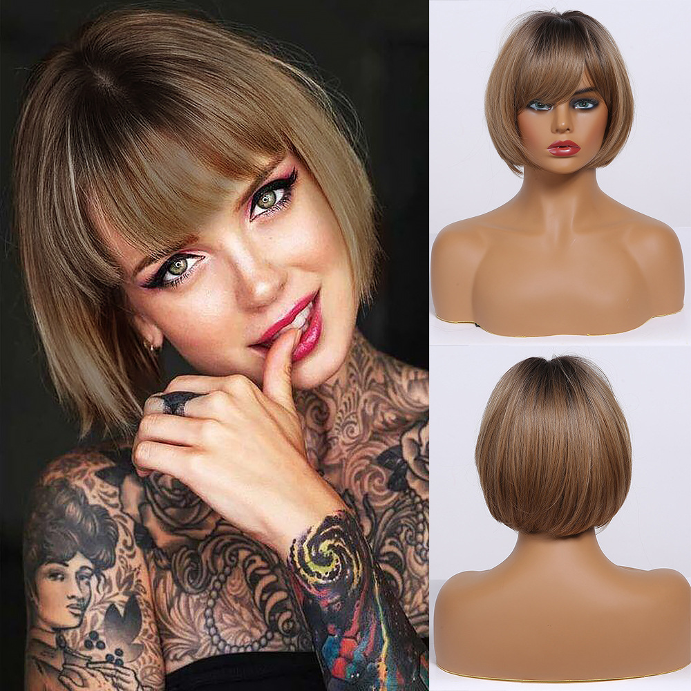 Brown with Blonde Highlights Bob Wig with Bangs Synthetic Hair O1CN01ryVyJB1MJCOH5xsL9 3192521413 0 Cib