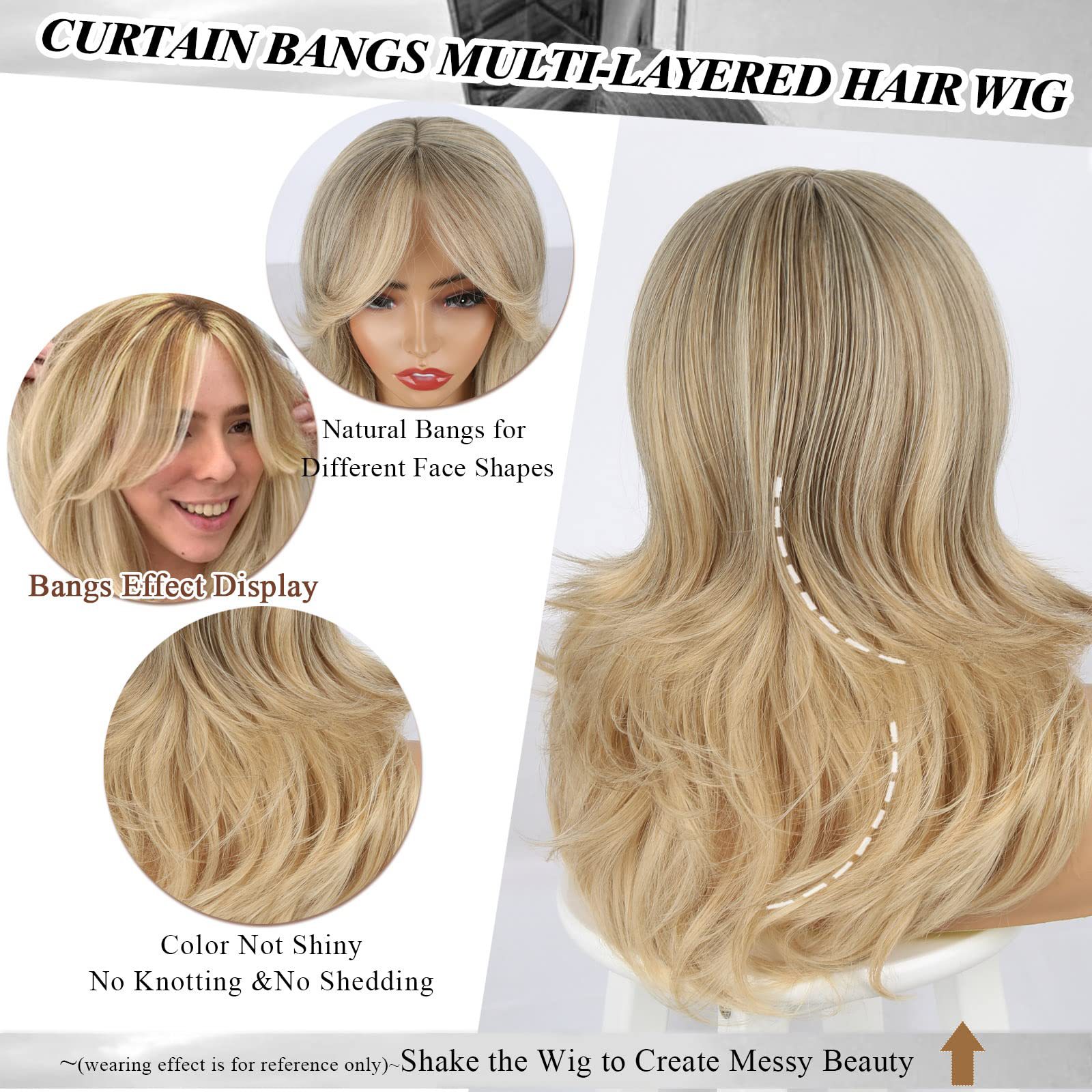 Honey Blonde Highlight Layered Medium Wavy Wig Synthetic Hair undefined