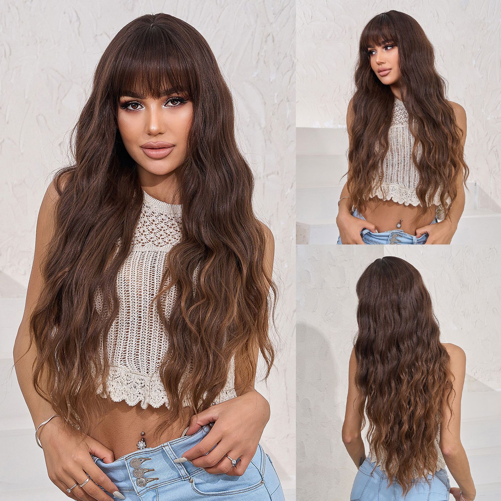 Ombre Brown Long Wave Bangs Wig Product view 2