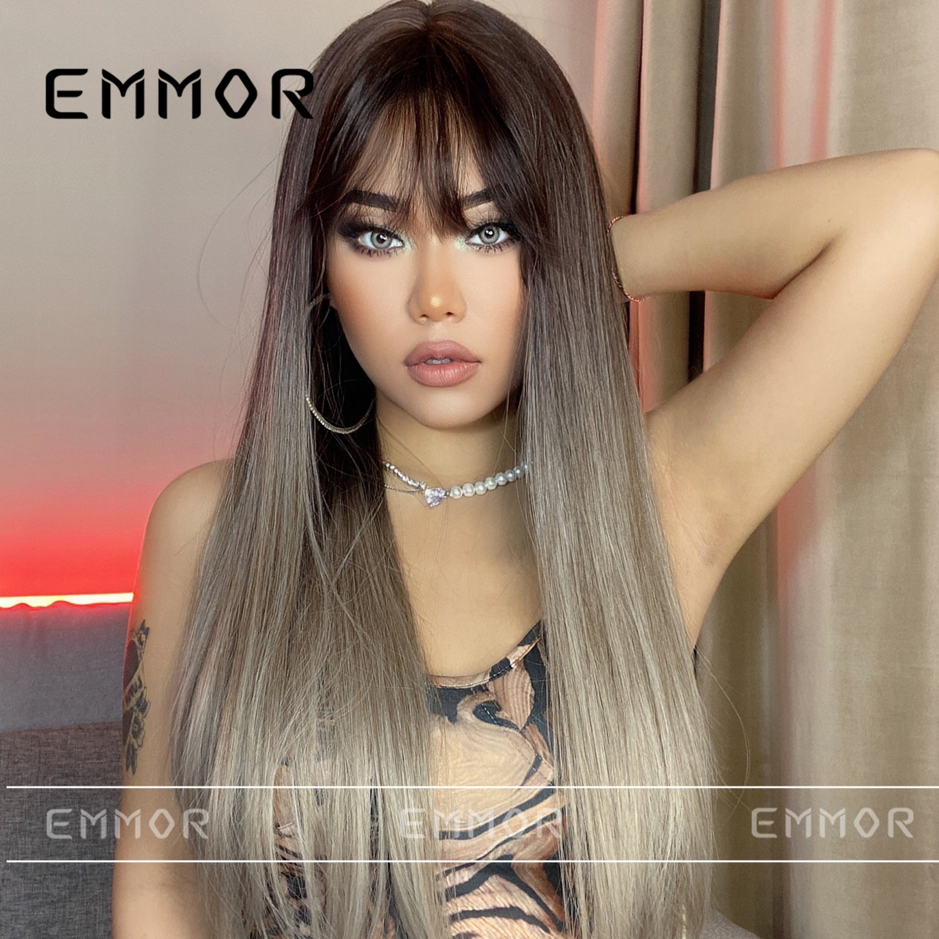 Grey Ombre Long Straight Bangs Wig Product view 1
